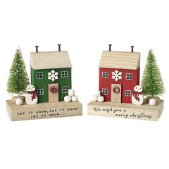 Wooden house with tree & snowman