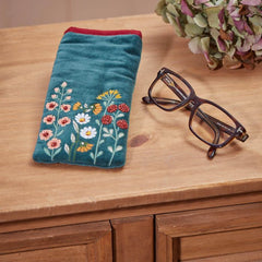 FLORAL HOME GLASSES CASE BLUE VELVET EMBROIDERED & BEADED FABRIC